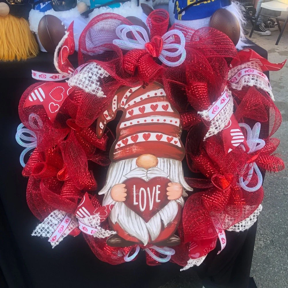Gnome Deco Mesh Valentines Wreath Ribbons Hearts Red White Tubing Love
